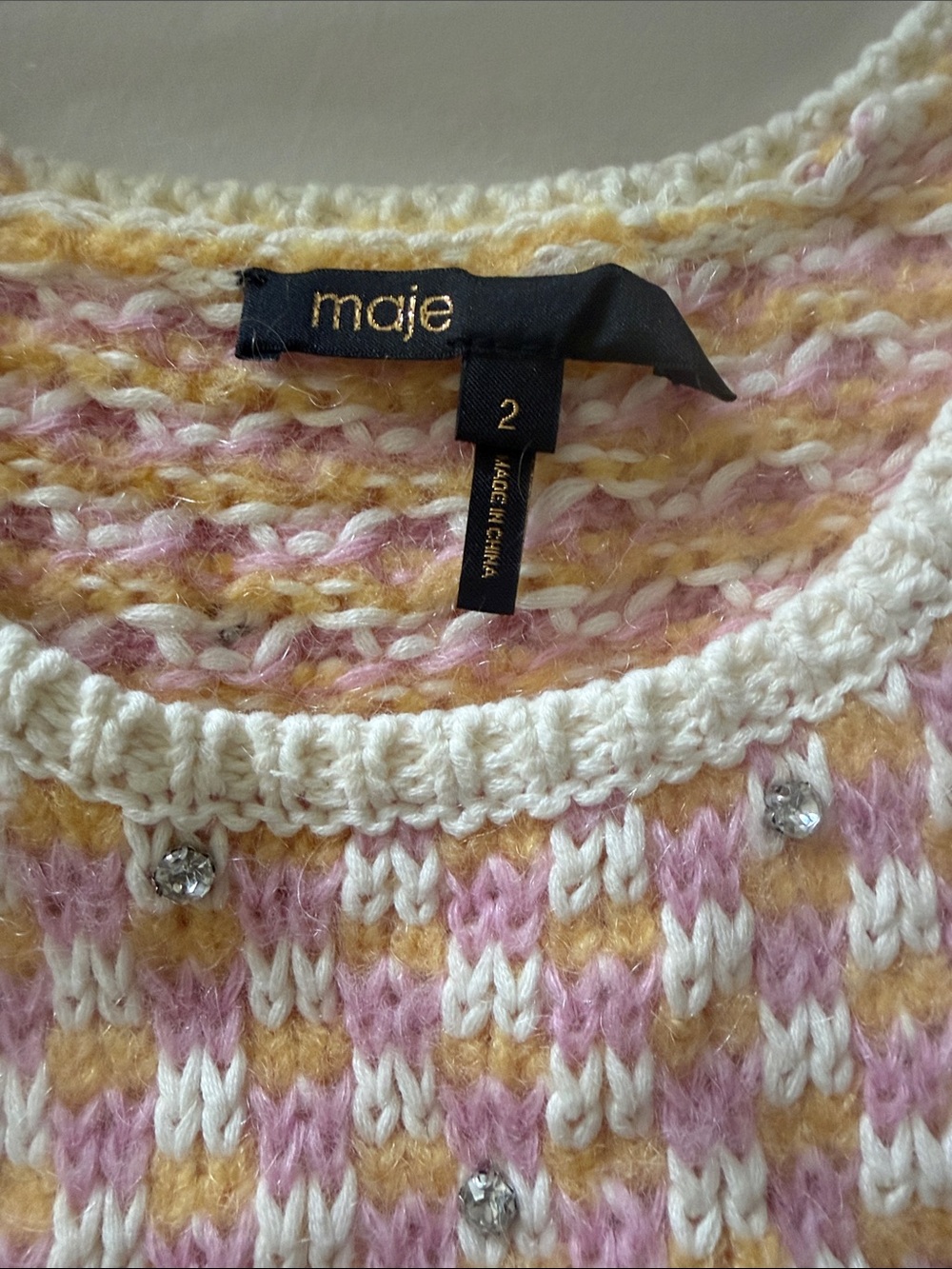 Maje Pink, Cream & Yellow Crystal-Embellished Crew Sweater